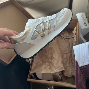 Women's White and Gold Sneakers